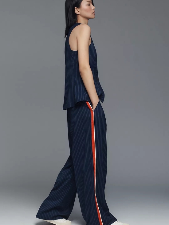 Maeve Pants - Maeve Navy Pinstripe Wide-Leg Pants with Orange Side Stripe